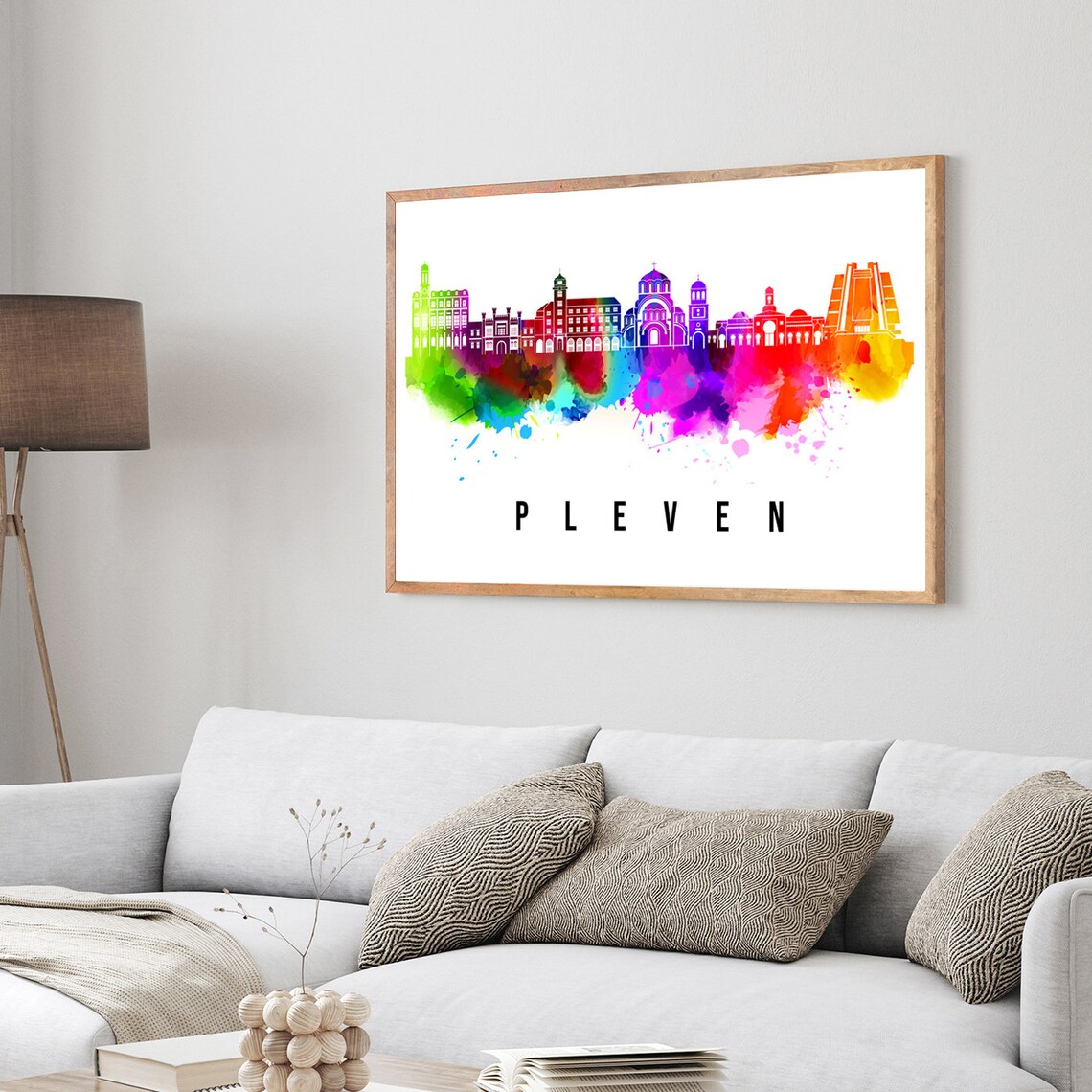 Pleven Bulgaria Watercolor Skyline Rainbow Landmark Travel Wall Poster - Image 3