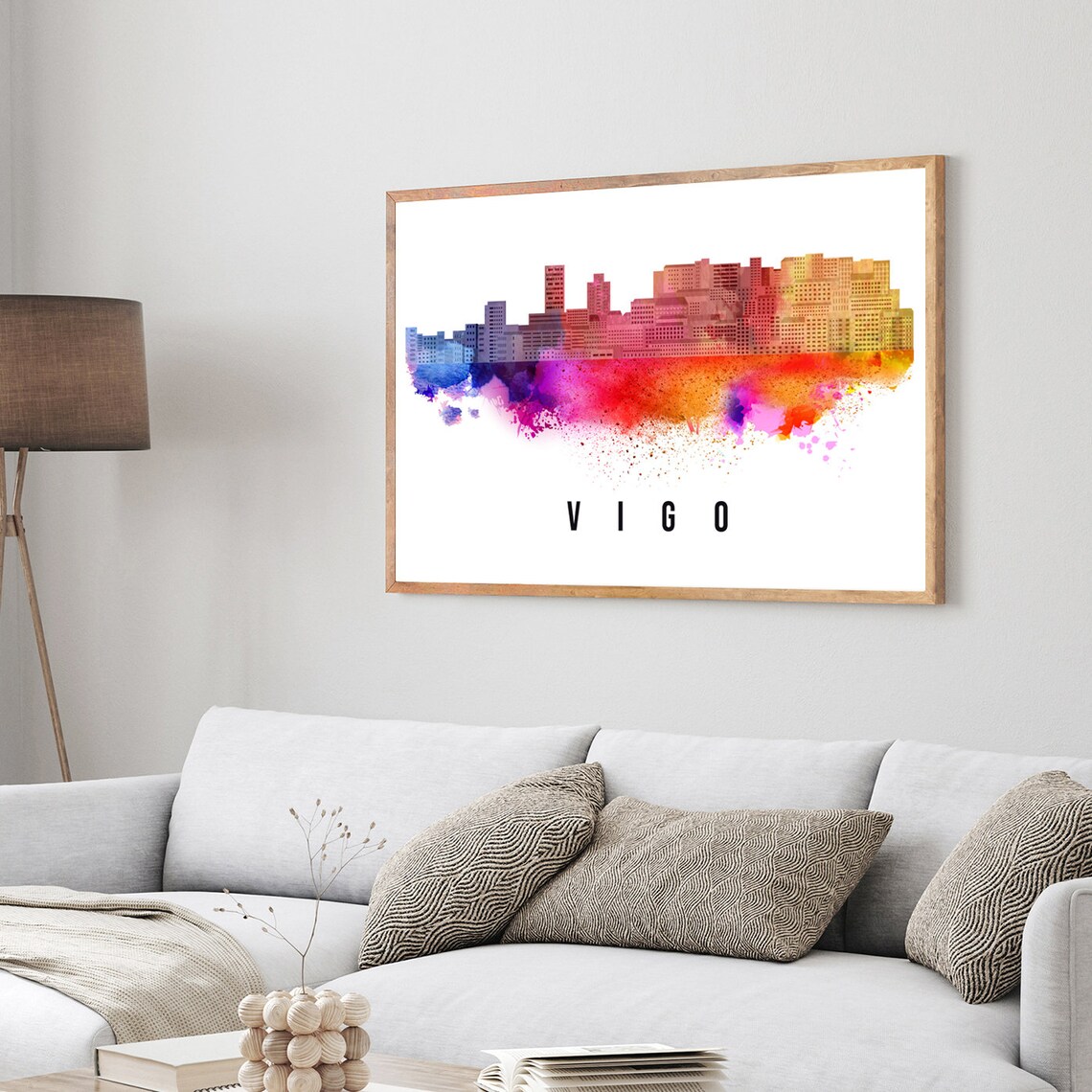 Vigo Spain Rainbow Watercolor Modern Skyline Silhouette Art Poster - Image 3