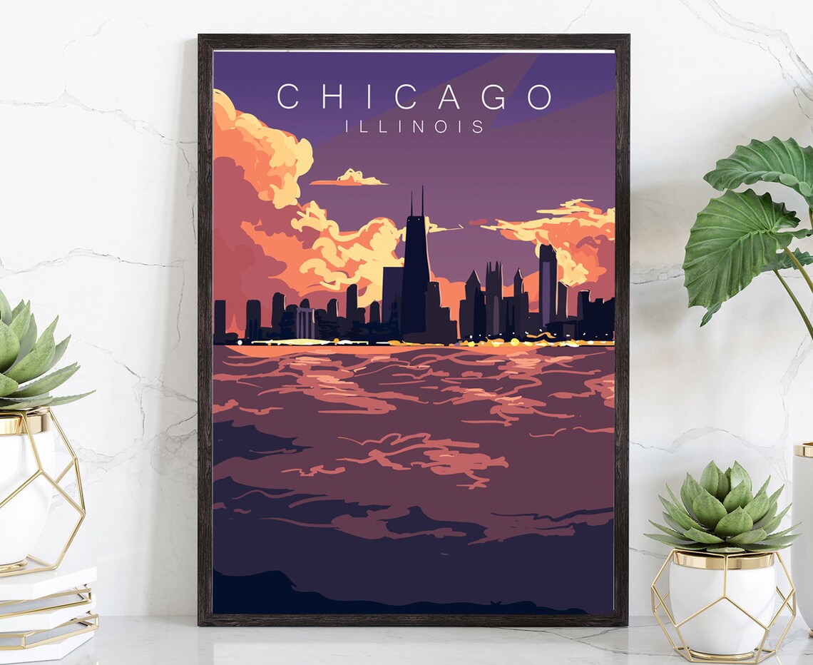 Chicago Illinois Retro Vintage Travel Sunset Skyline Waterfront Poster