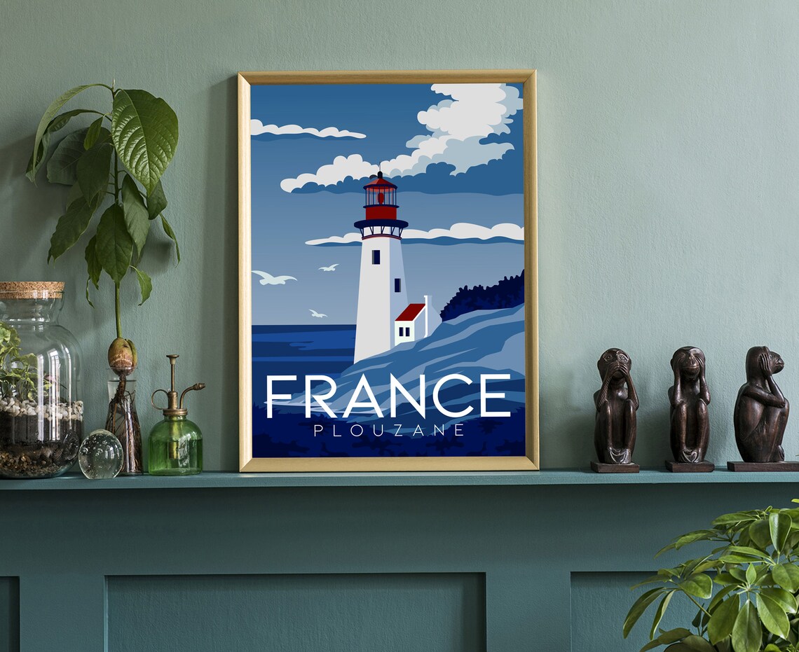 France Plouzane Lighthouse Brittany Coast Blue Sea Travel Poster