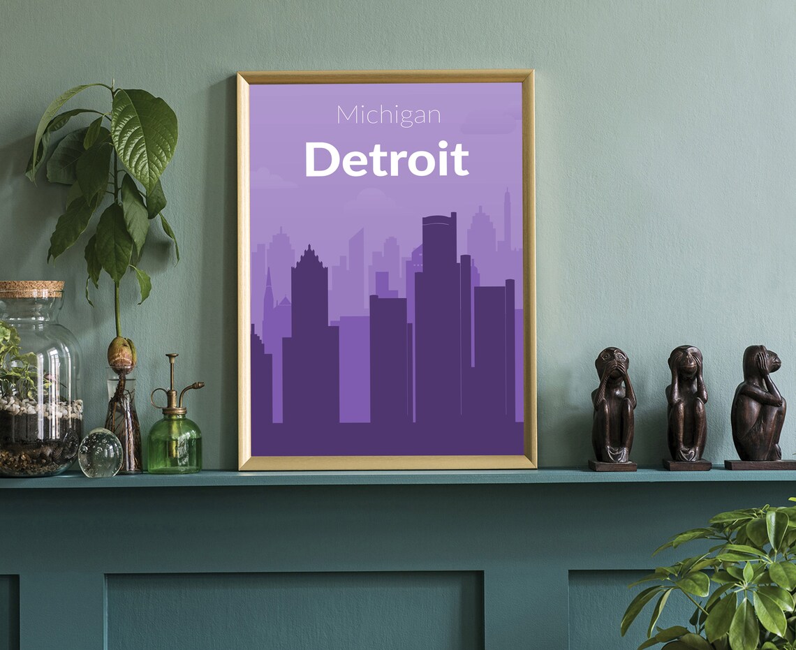 Detroit Michigan Purple Solid Color Modern Skyline Travel Poster - Image 3