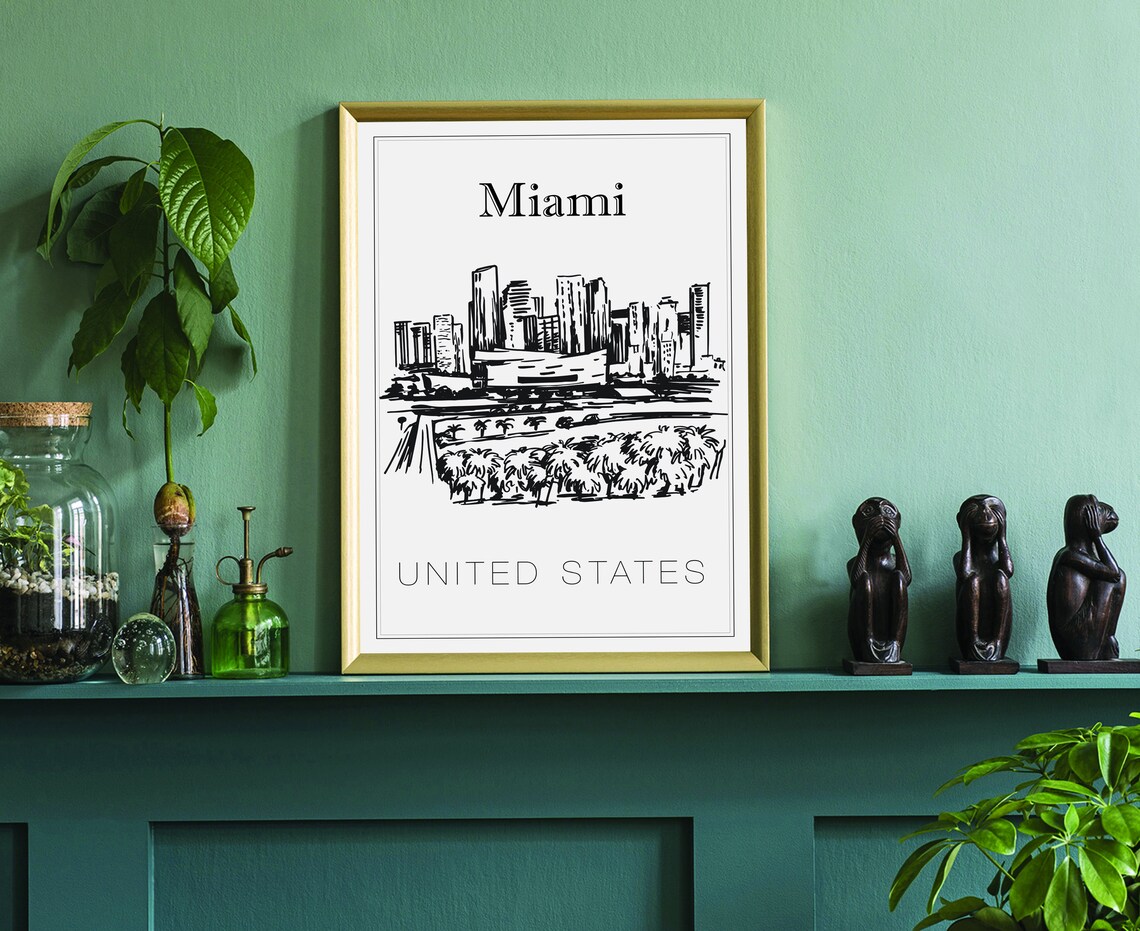 Miami Florida Downtown Skyline Palm Trees Waterfront Sketch Poster - Image 3