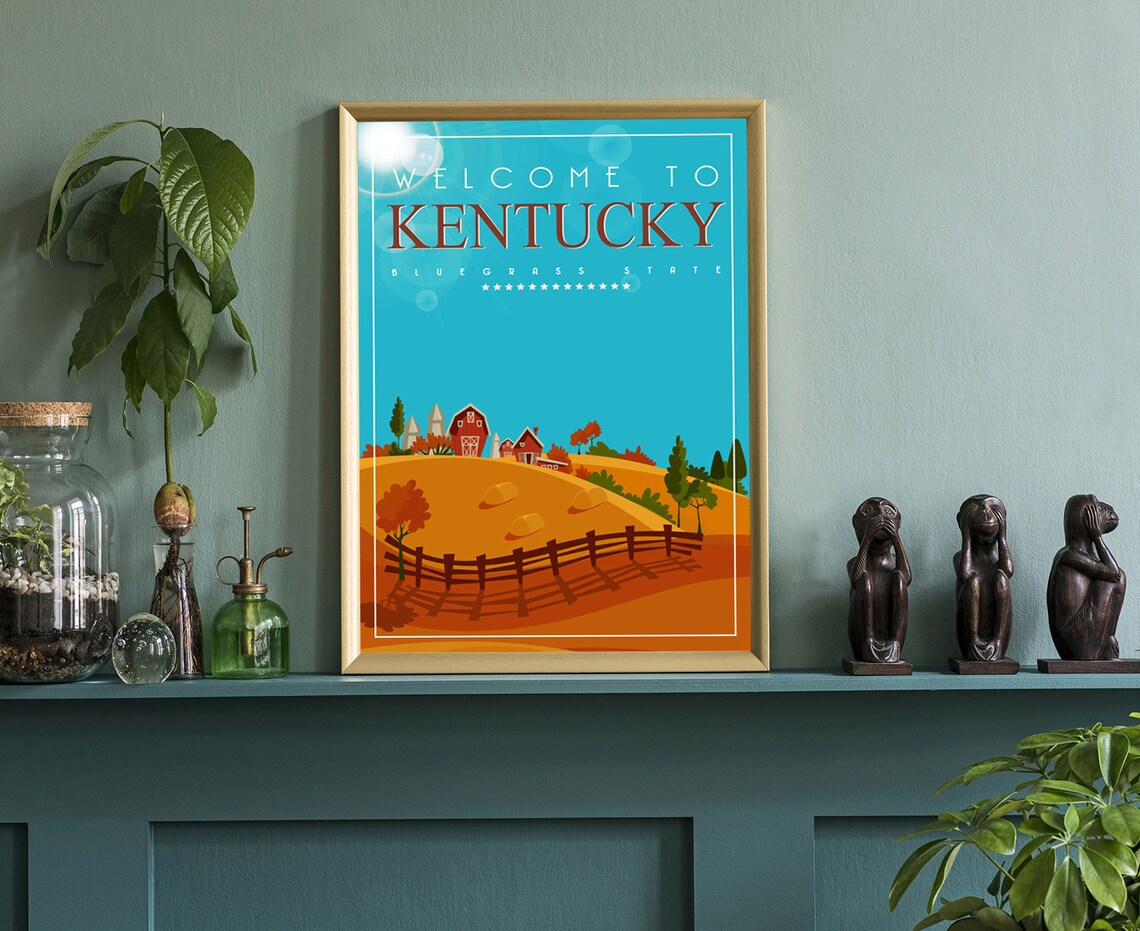 Kentucky Bluegrass State Retro Red Barn Golden Fields Travel Poster - Image 3