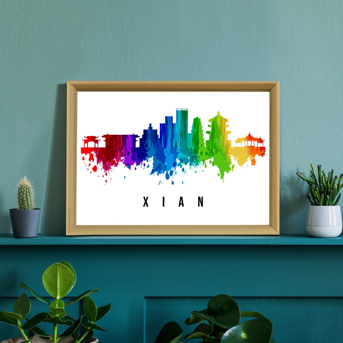 Xian China Pagoda Towers Rainbow Watercolor Skyline Travel Poster - Image 2