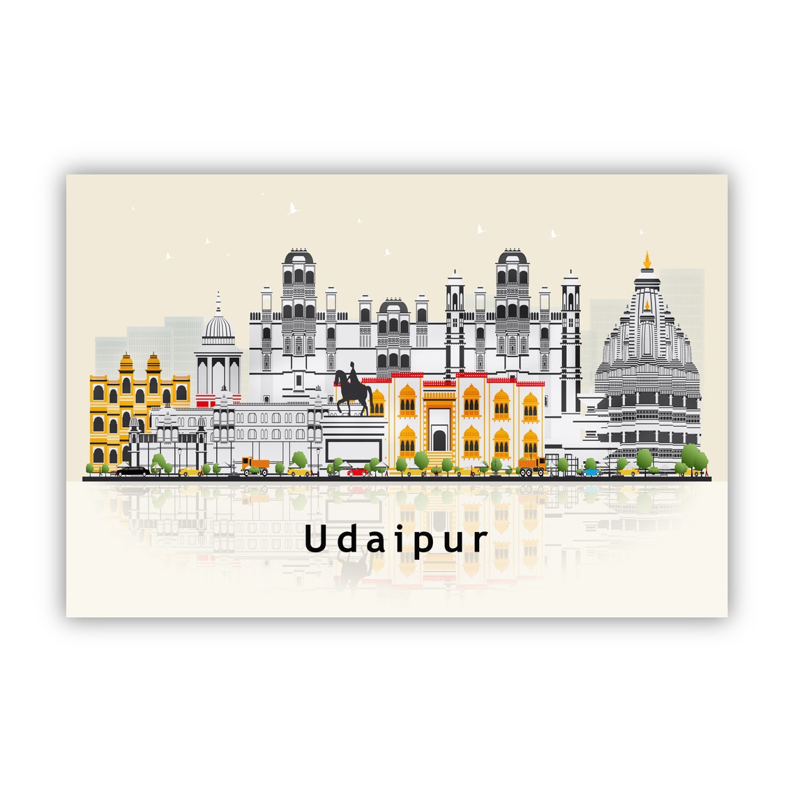 Udaipur India Palace Skyline Illustration Temple Lake Reflection Art - Image 2