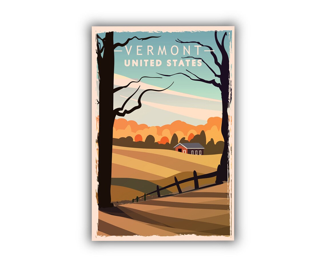 Vermont United States Autumn Farm Red Barn Retro Travel Poster - Image 2