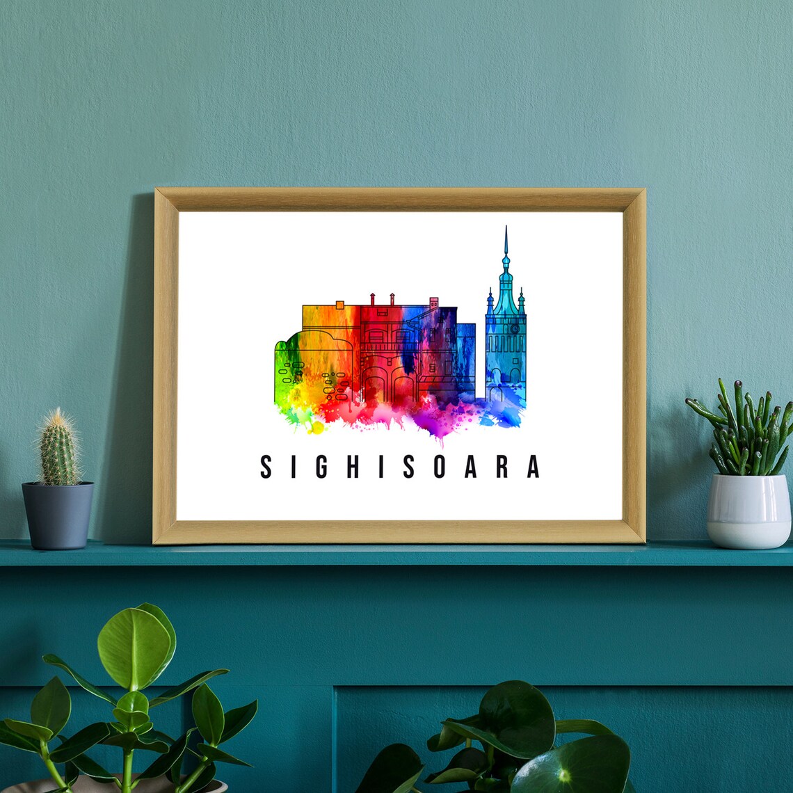 Sighisoara Romania Rainbow Watercolor Skyline Clock Tower Poster - Image 2
