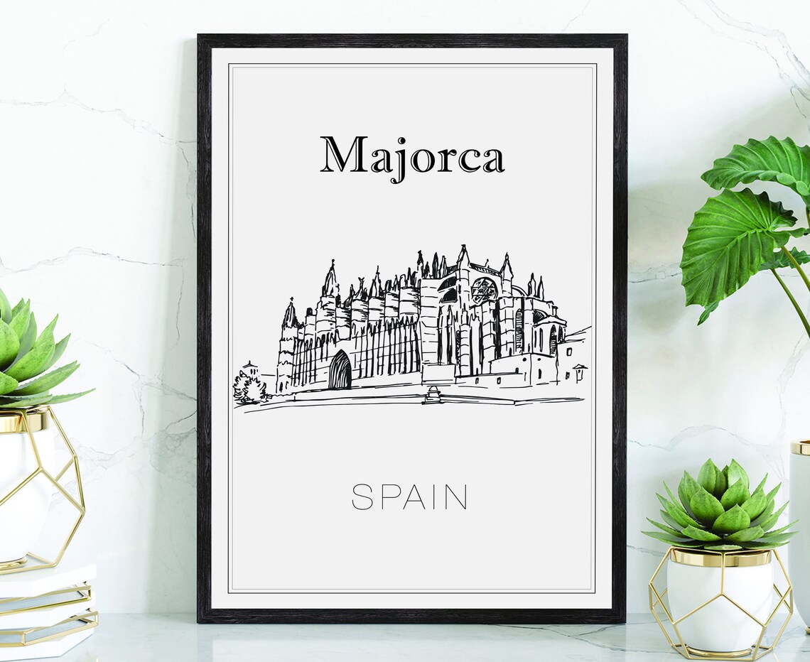 Majorca Spain Gothic Cathedral Rose Window Spires Sketch Travel Poster