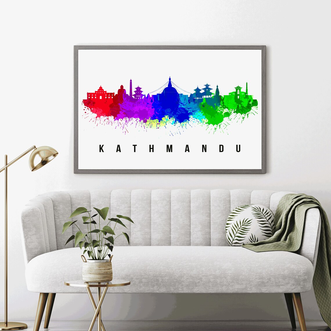 Kathmandu Nepal Stupas Temples Rainbow Watercolor Skyline Poster - Image 4