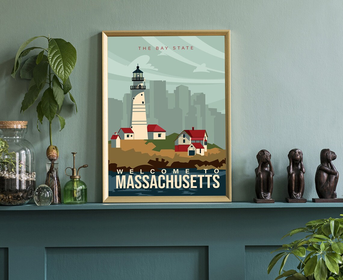 Massachusetts Lighthouse Bay State Coast Retro Vintage Travel Poster - Image 3