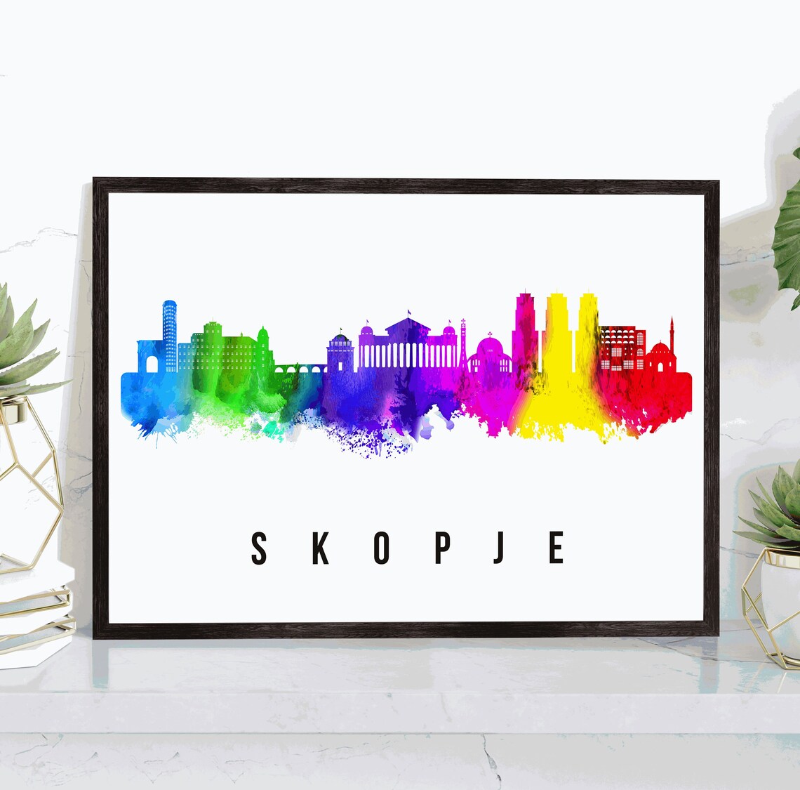 Skopje Rainbow Watercolor City Skyline Silhouette Art Wall Poster