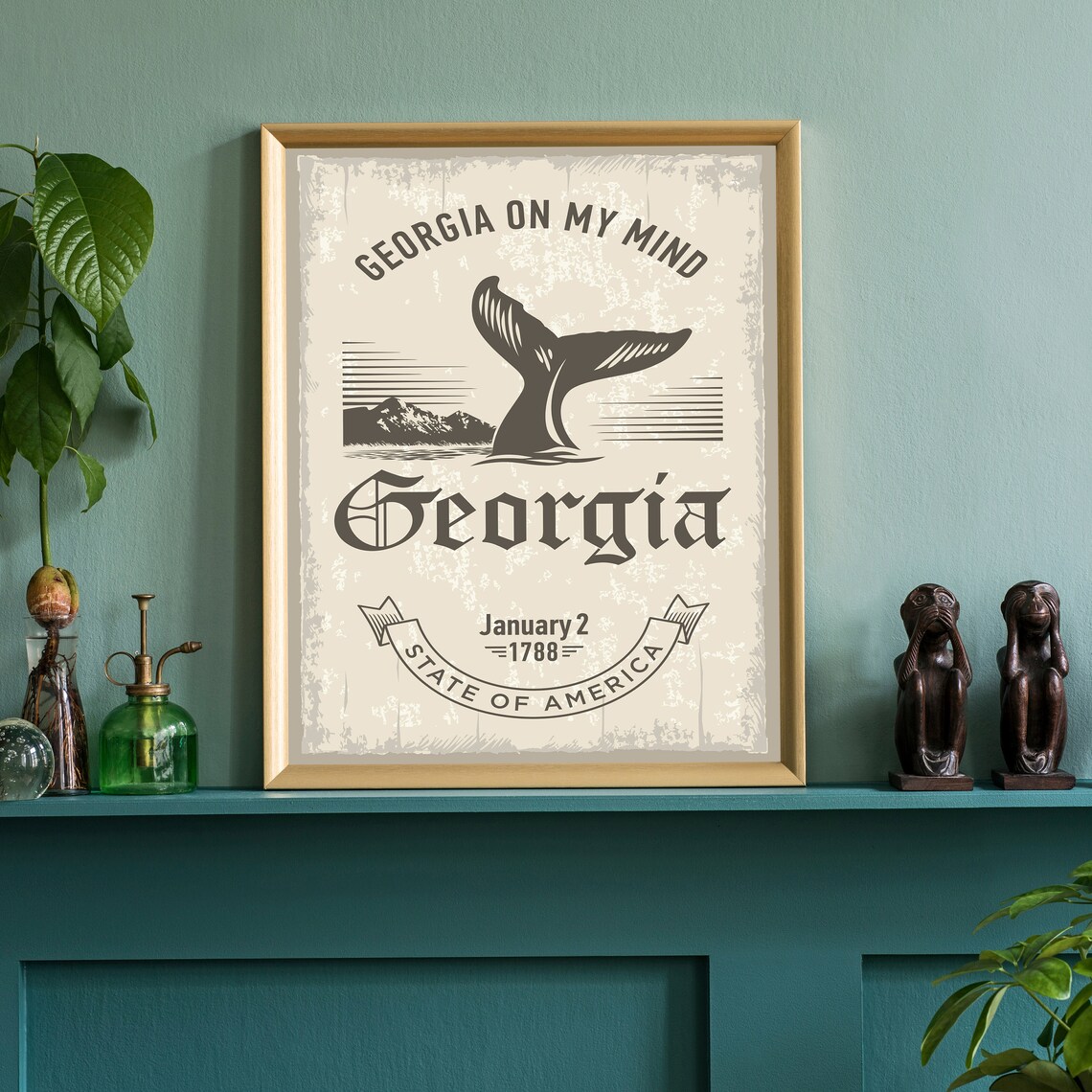 Georgia on My Mind Vintage Poster with Whale Tail Ocean Sunset Artwork - Image 3