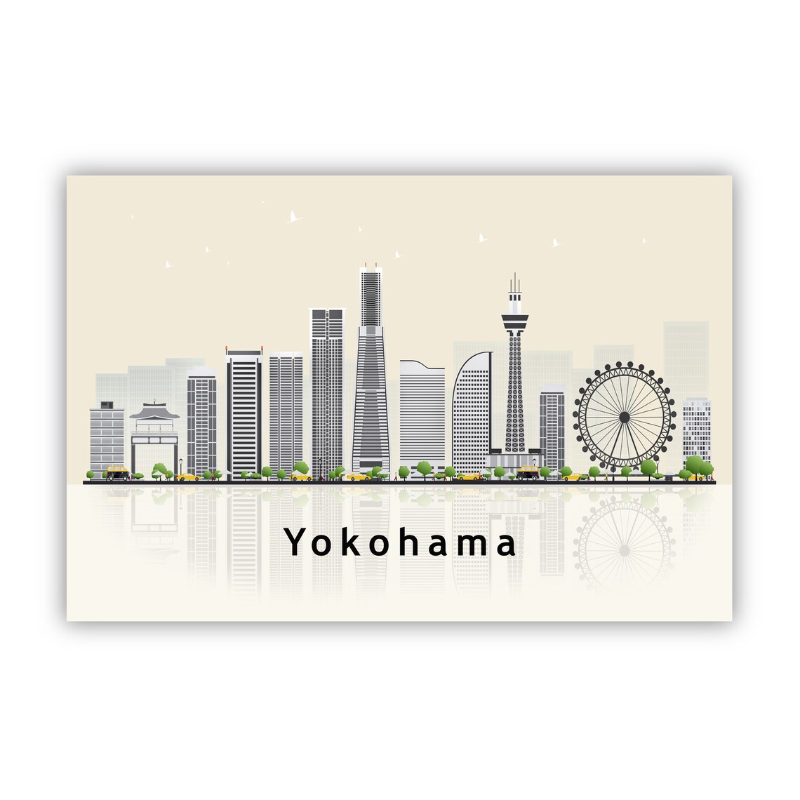 Yokohama Japan City Skyline Ferris Wheel Flat Vector Travel Poster - Image 2