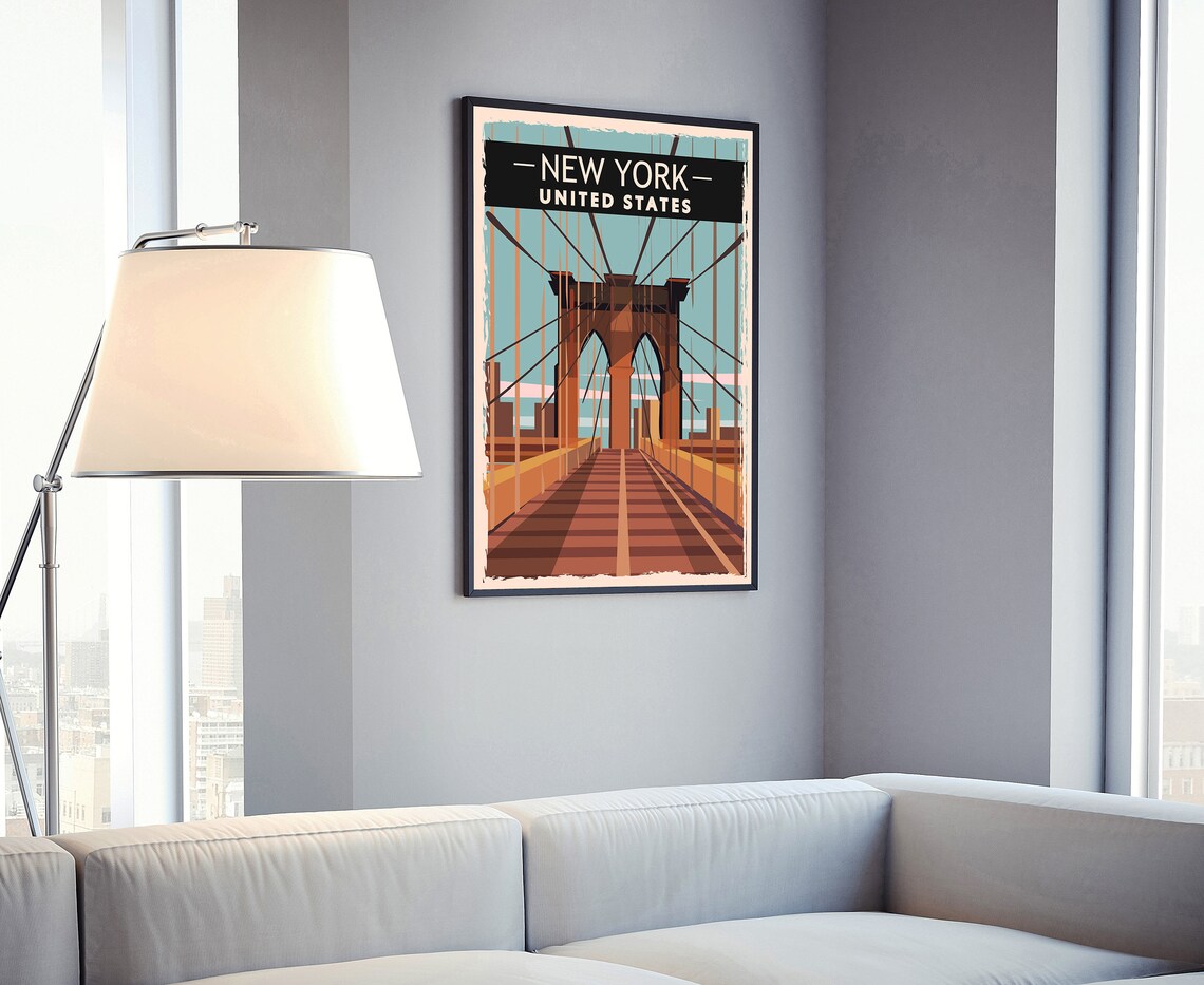 New York City Brooklyn Bridge Retro Vintage Travel Poster Wall Art - Image 4