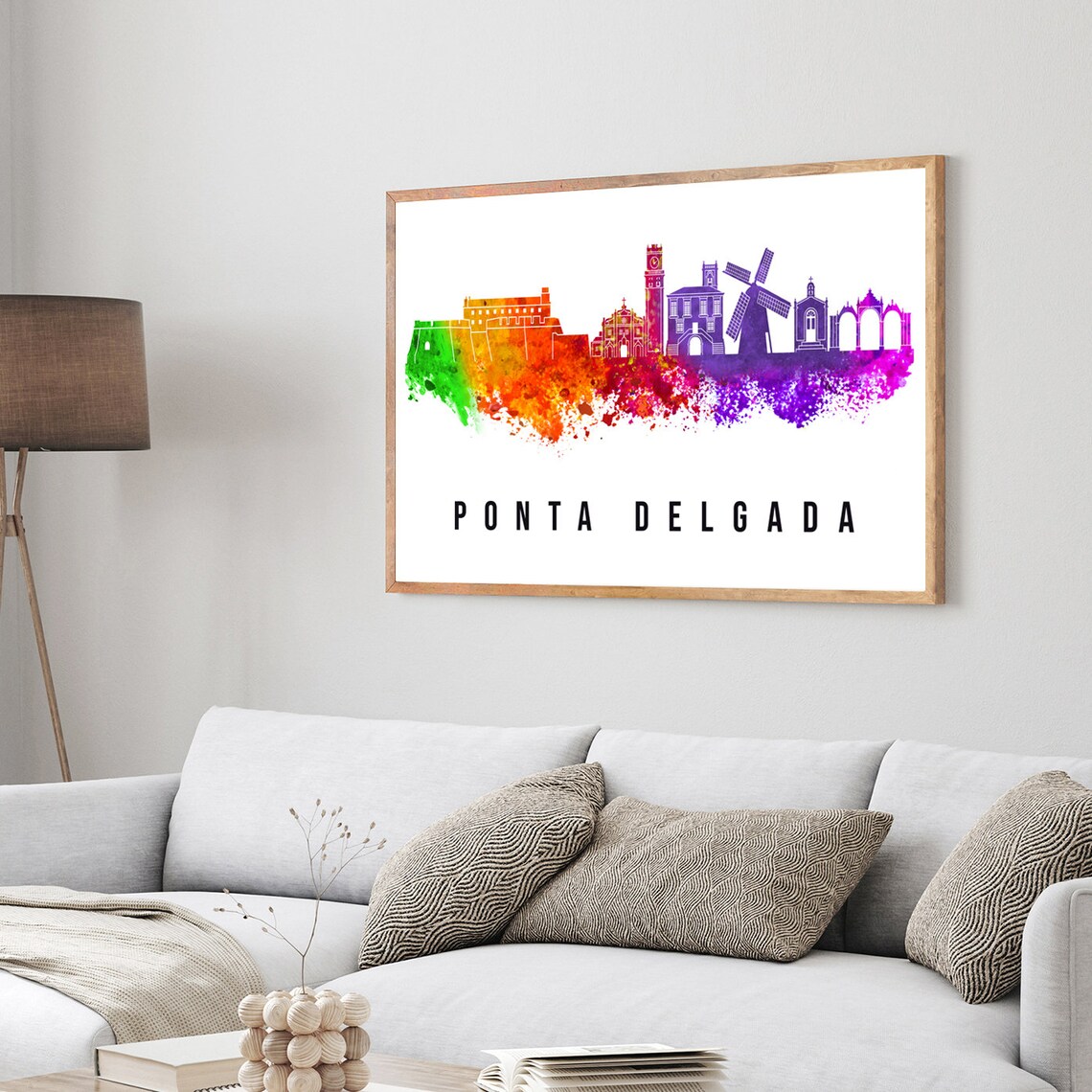 Ponta Delgada Azores Rainbow Watercolor Skyline Windmill Poster - Image 3