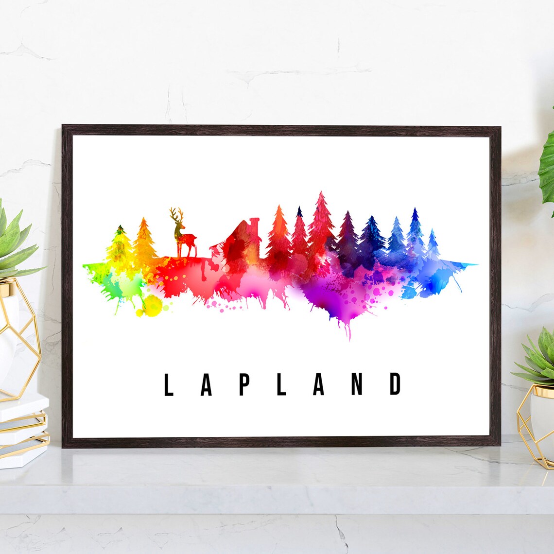 Lapland Finland Reindeer Forest Rainbow Watercolor Travel Poster