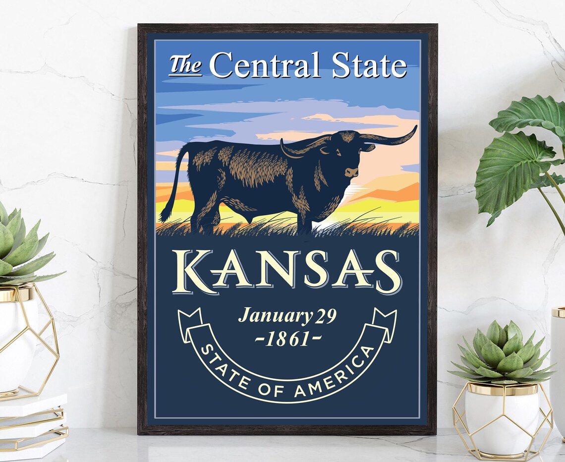 Kansas Central State Longhorn Sunset Retro Vintage State Emblem Poster
