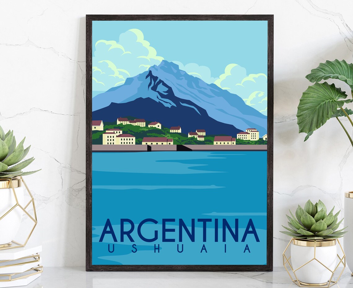 Ushuaia Argentina Harbor Town Mountain Base Retro Travel Poster Print