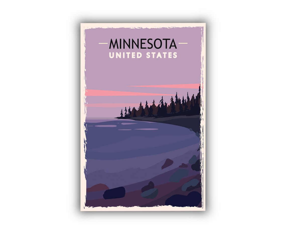 Minnesota Lake Sunset Silhouette Pines Retro Dusk Travel Poster - Image 2