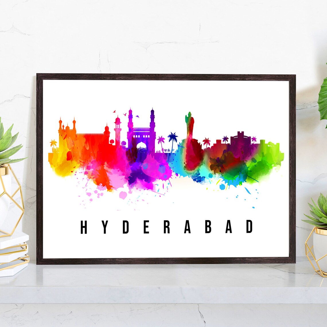 Hyderabad India Charminar Watercolor Skyline Silhouette Travel Poster