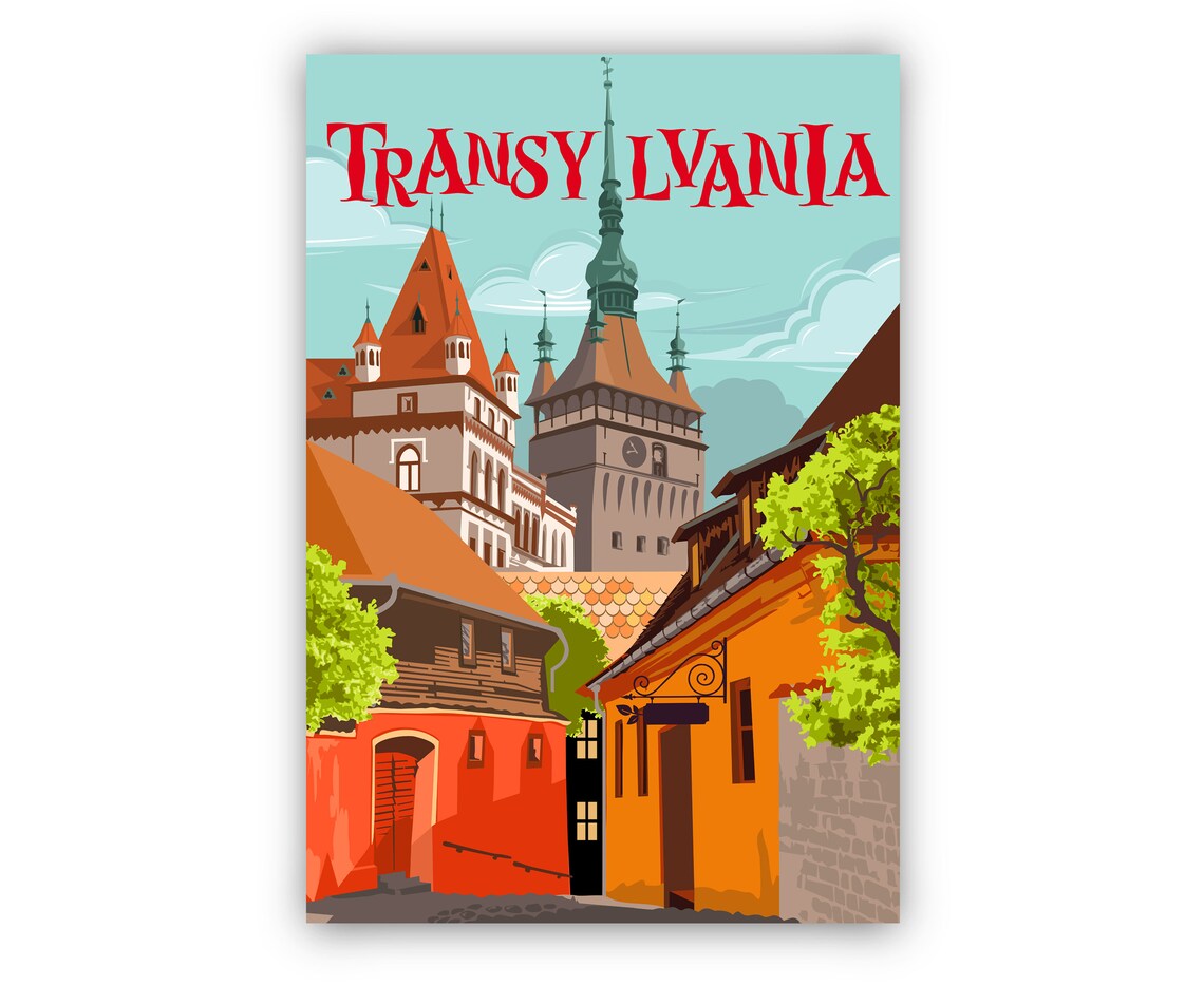 Transylvania Romania Old Town Clock Tower Vintage Travel Poster - Image 2