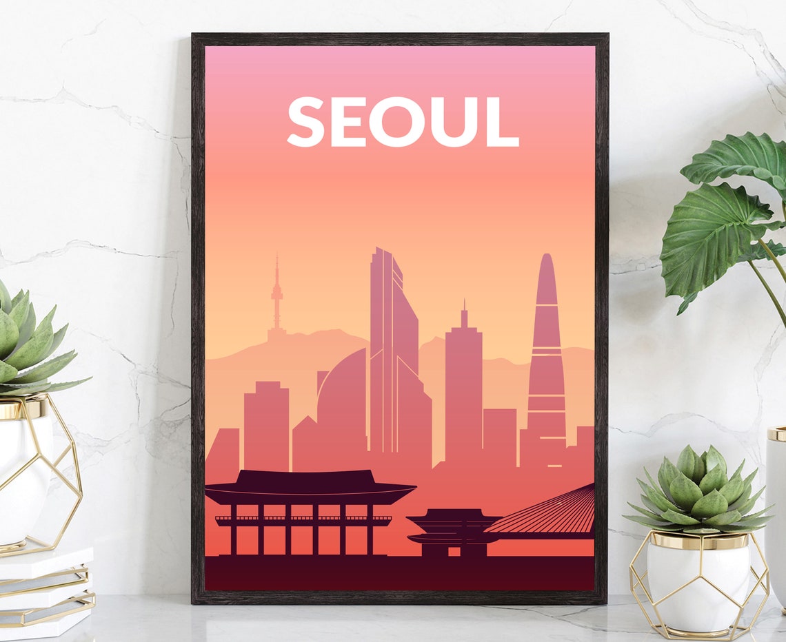Seoul South Korea Solid Color Sunset Skyline Silhouette Travel Poster