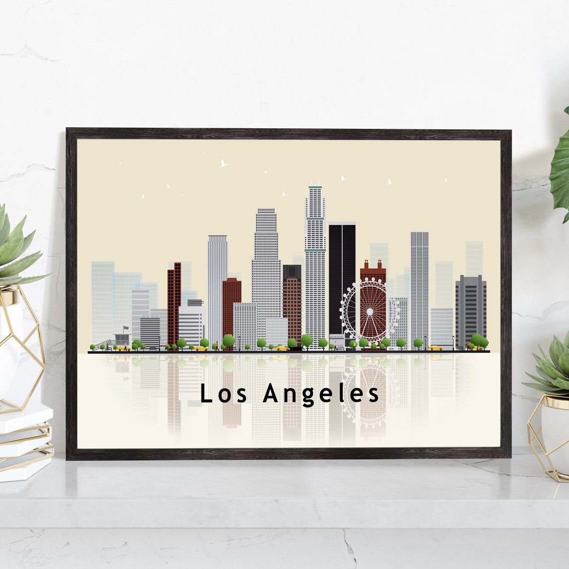 Los Angeles California Downtown Skyline Ferris Wheel Reflection Poster - Image 2