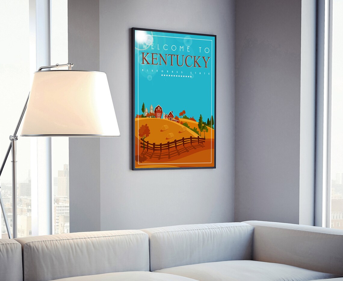 Kentucky Bluegrass State Retro Red Barn Golden Fields Travel Poster - Image 4