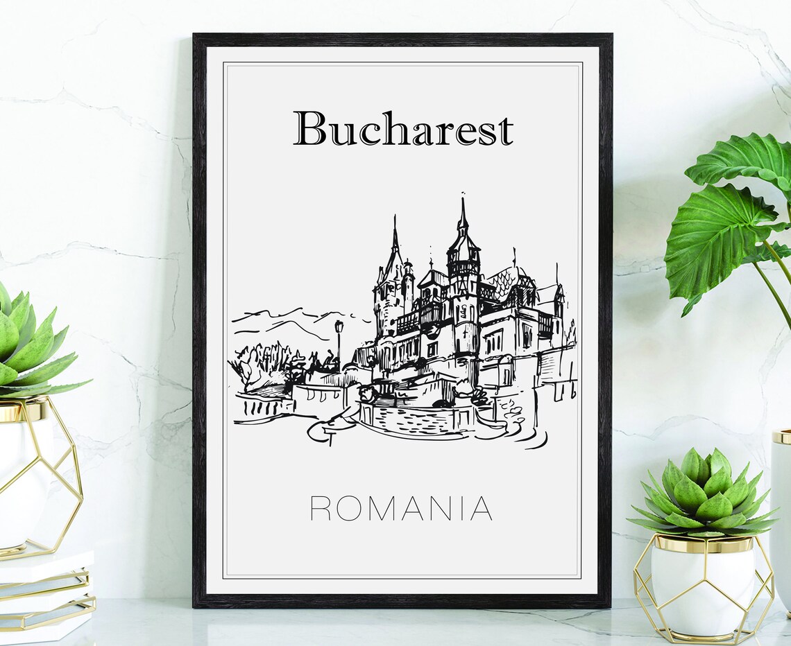 Bucharest Romania Hand Drawn Black White Landmark Sketch Poster