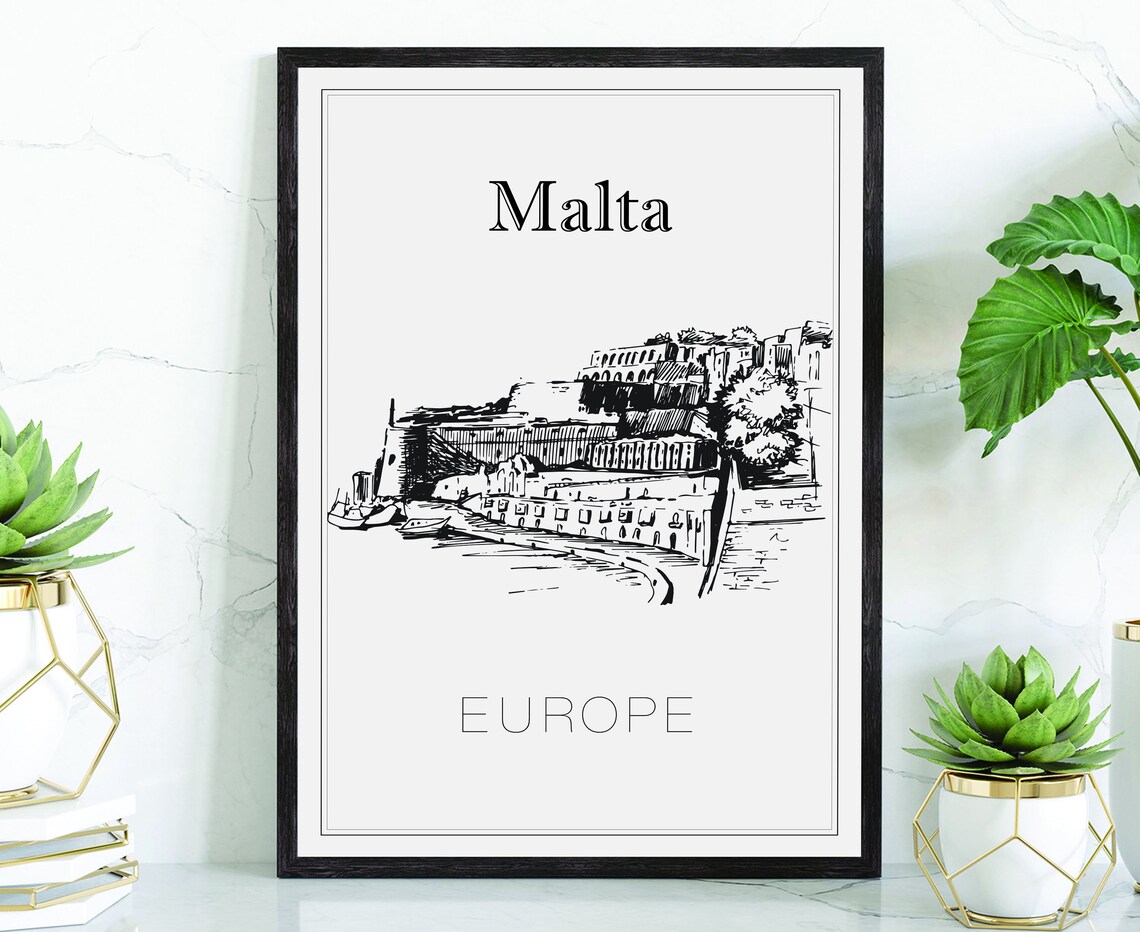 Malta Europe Fortified Waterfront Bastions Harbor Sketch Travel Poster