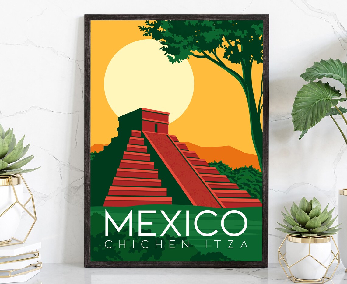 Mexico Chichen Itza Mayan Pyramid Sunset Retro Travel Poster Artwork
