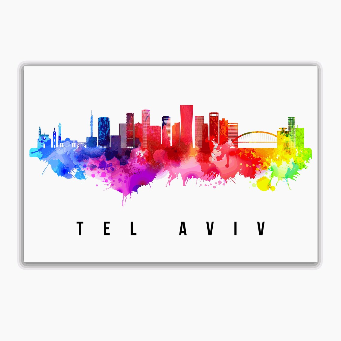 Tel Aviv Israel Rainbow Watercolor City Skyline Silhouette Art Poster - Image 2