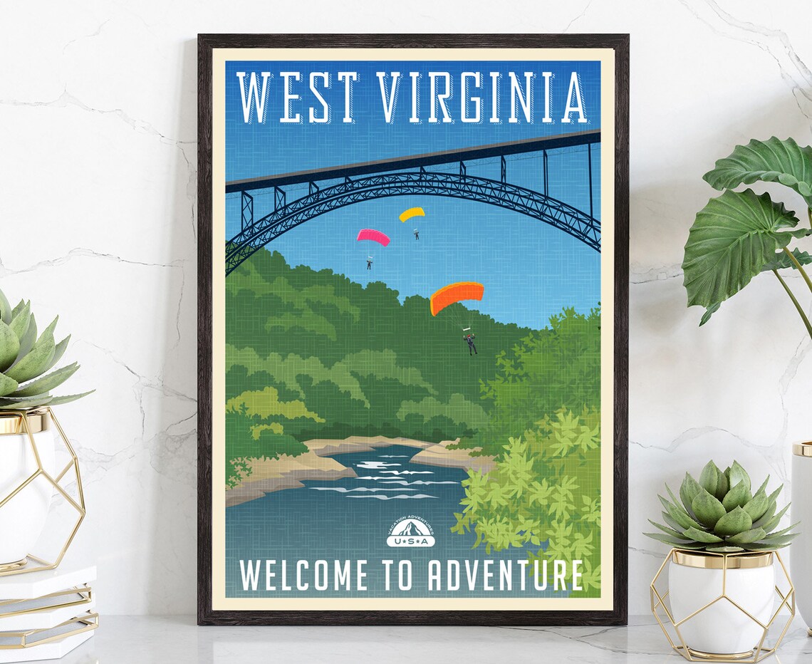 West Virginia Retro Travel Poster Mountain Road Guardrail Vintage