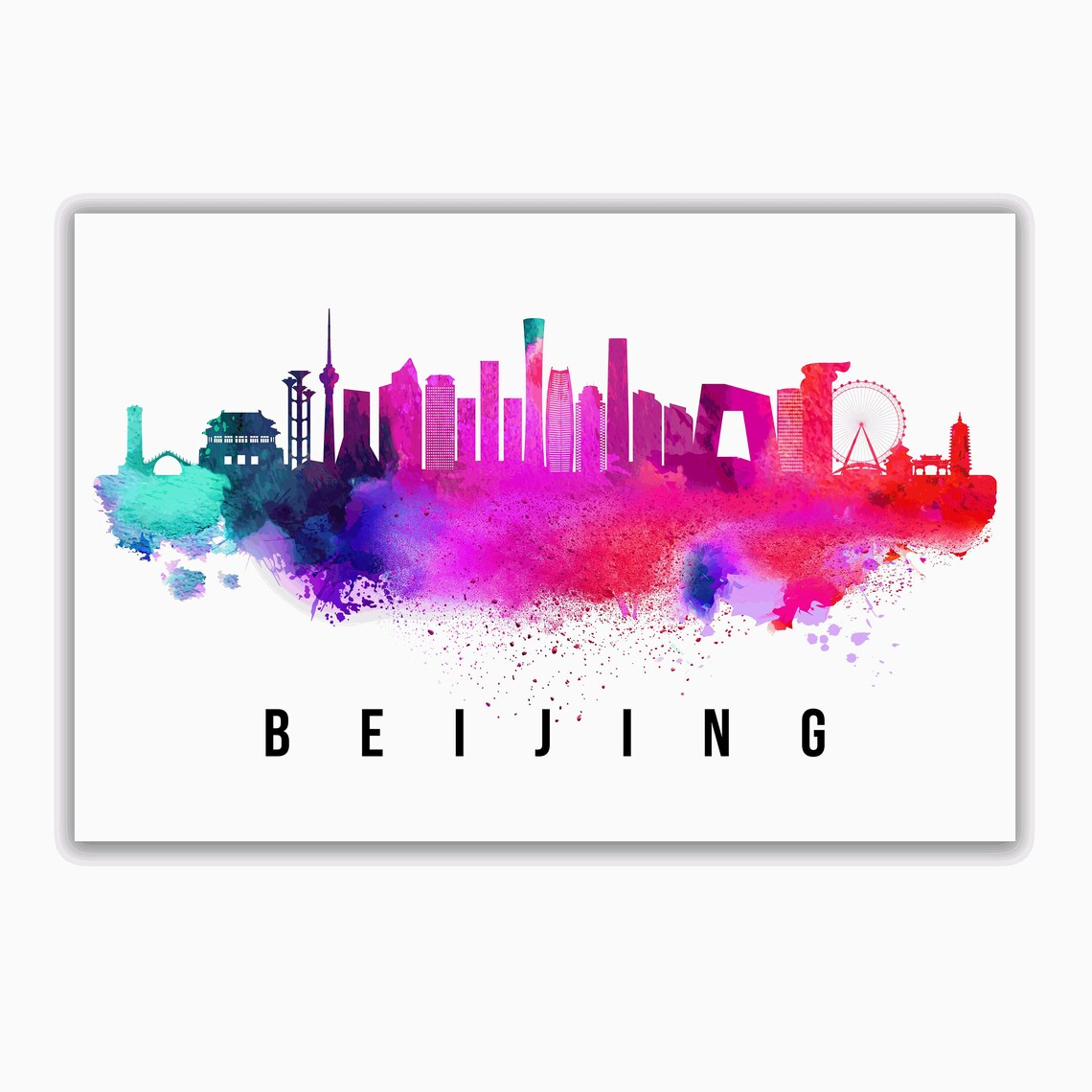 Beijing China Watercolor Splash Skyline Modern Tower City Poster - Image 2
