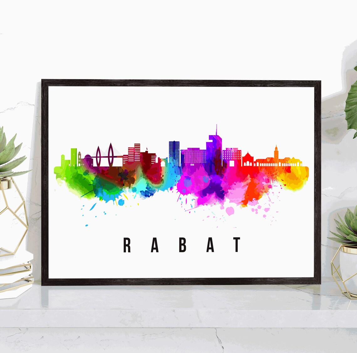 Rabat Morocco Rainbow Watercolor Splash Skyline City Travel Poster