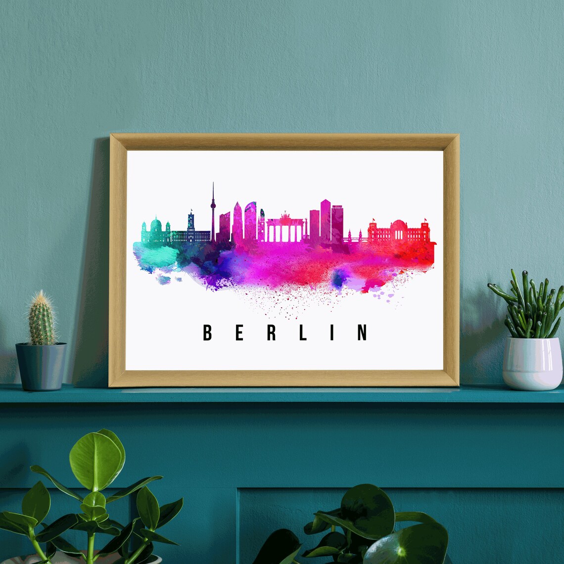 Berlin Germany Rainbow Watercolor Skyline Silhouette Art Poster - Image 3
