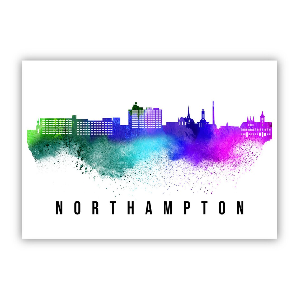Northampton England Watercolor Rainbow Skyline Modern City Art Poster - Image 2