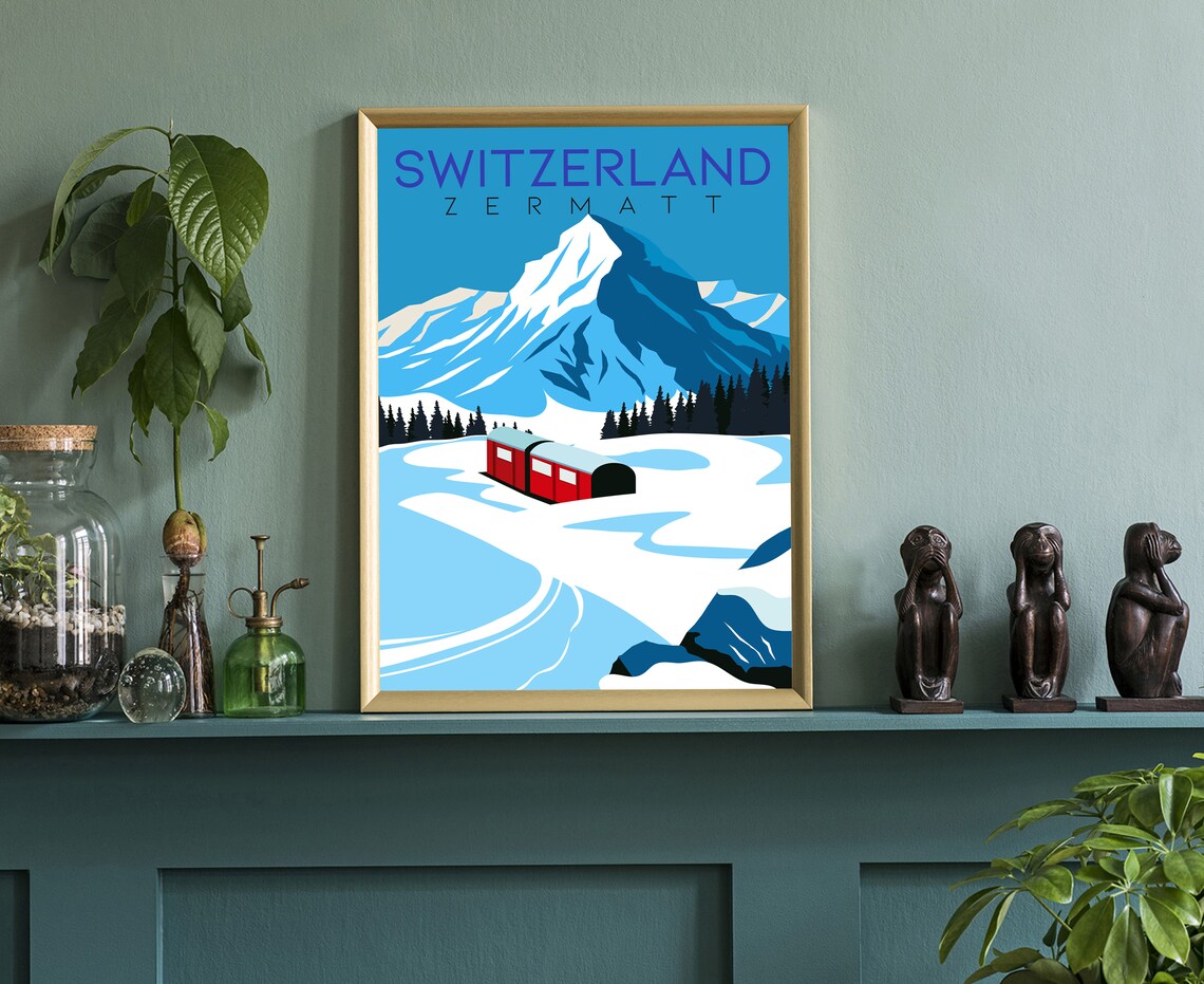 Zermatt Switzerland Snowy Alpine Train Winter Mountain View Poster - Image 3