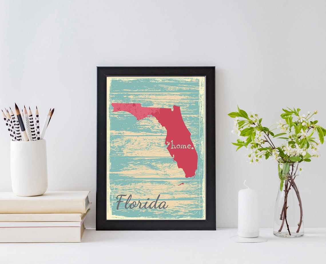 Florida Retro Home Script Vintage Distressed Wood Map Wall Art - Image 2