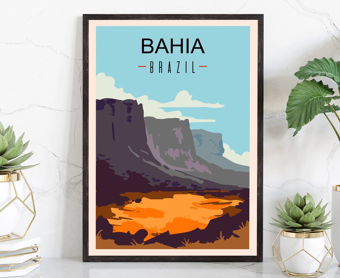 Bahia Brazil Table Mountain Cliffs Orange Valley Minimal Travel Poster