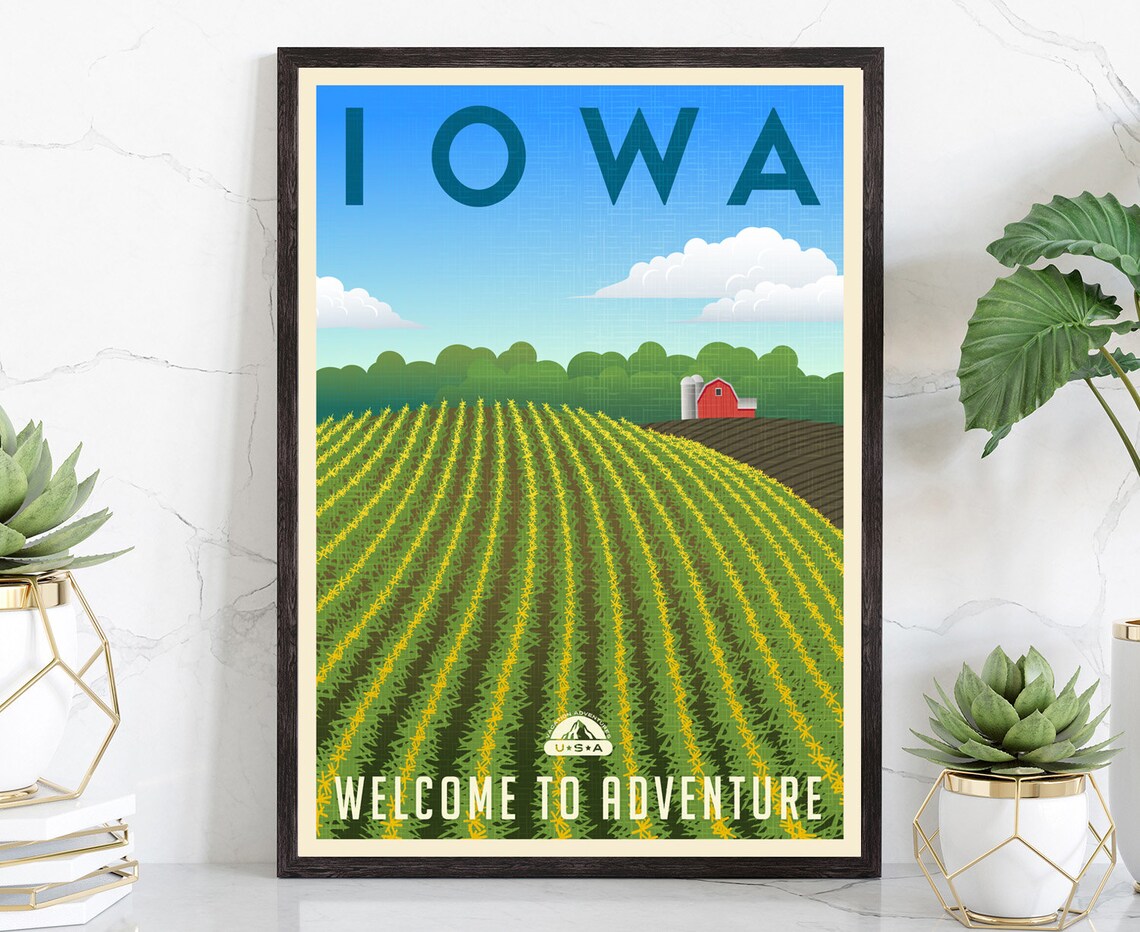 Iowa Corn Fields Barn Welcome To Adventure Retro Travel Poster Art