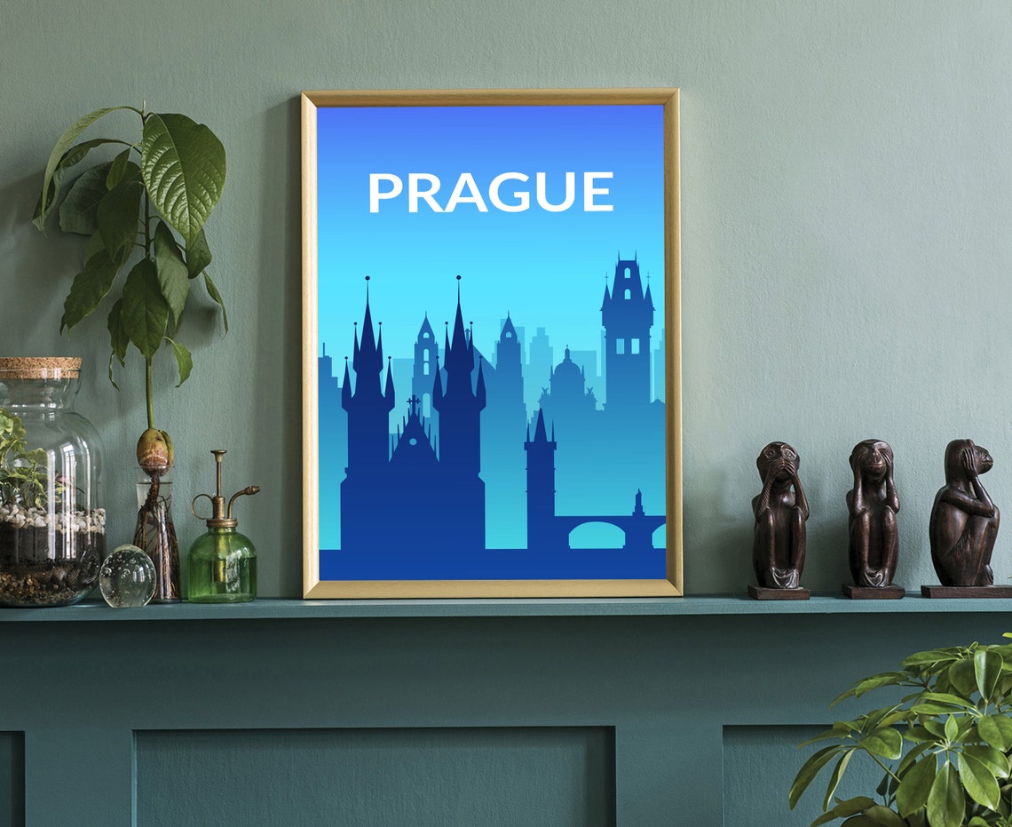 Prague Czech Republic Blue Gradient Modern Solid Color Skyline Poster - Image 3