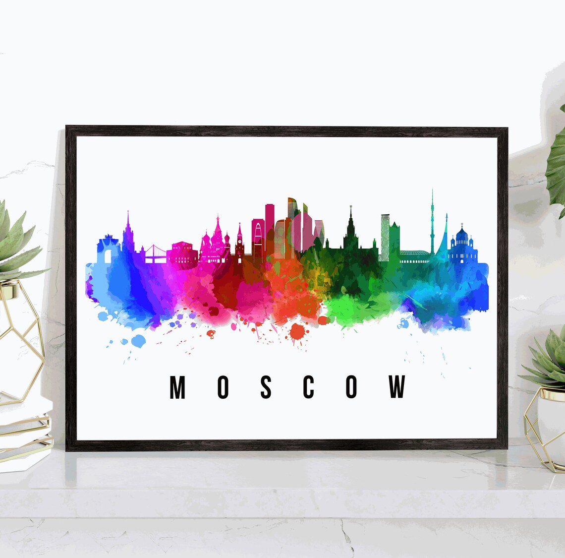Moscow Russia Rainbow Watercolor City Skyline Silhouette Art Poster