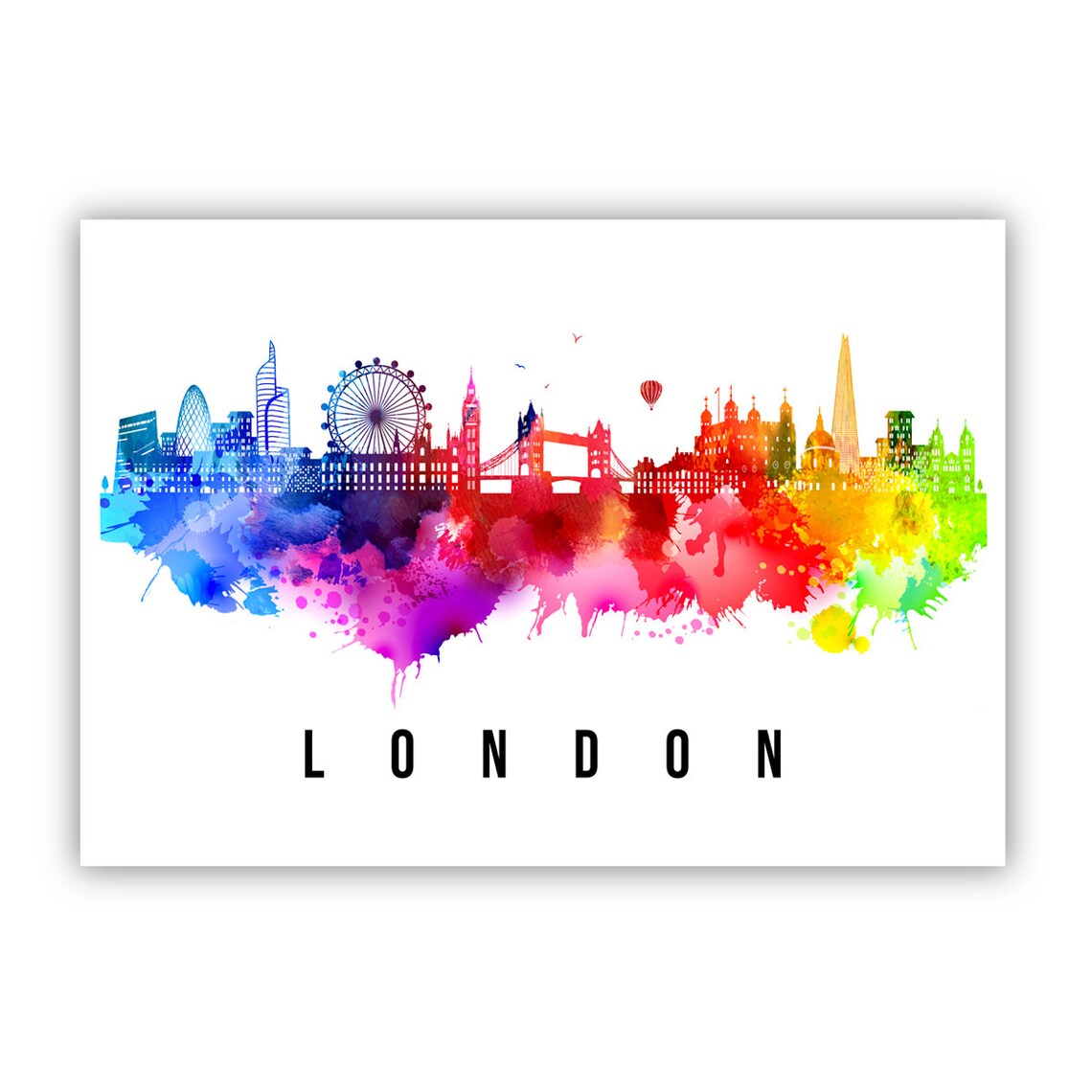 London England Watercolor Rainbow Skyline Landmarks Travel Poster Art - Image 2