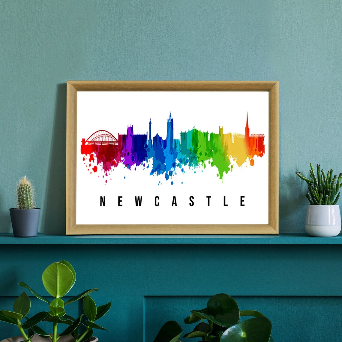Newcastle England Watercolor Rainbow Tyne Bridge Skyline Travel Poster - Image 3