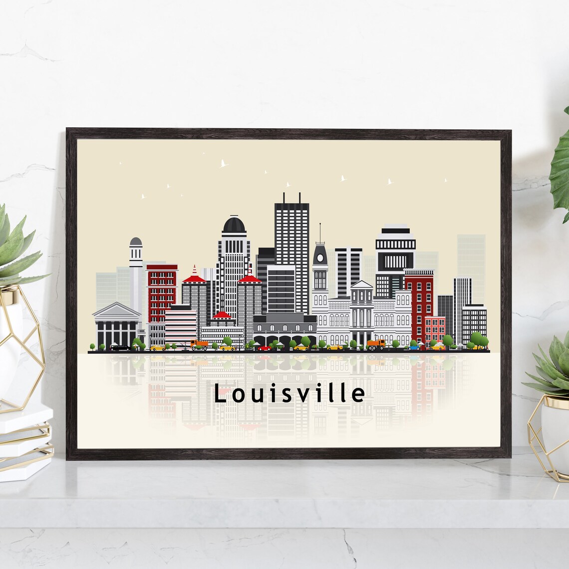 Louisville Kentucky City Skyline Reflection Modern Travel Poster