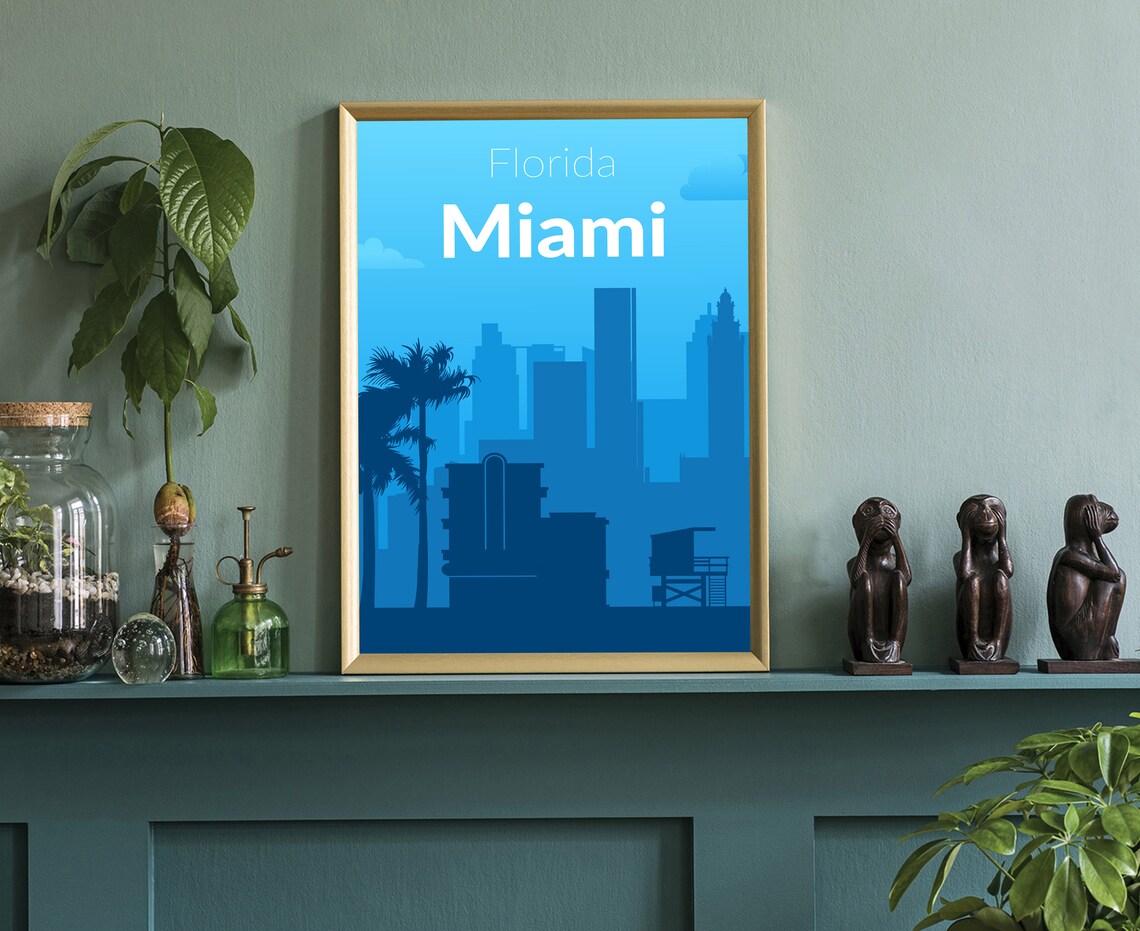 Miami Florida Solid Blue Skyline Palm Trees Minimalist Travel Poster - Image 3