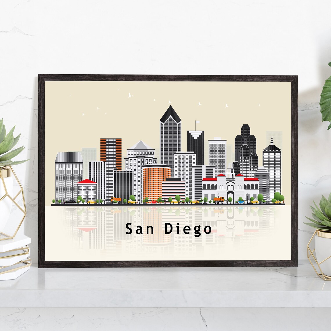 San Diego California Flat Illustration Skyline Cityscape Poster