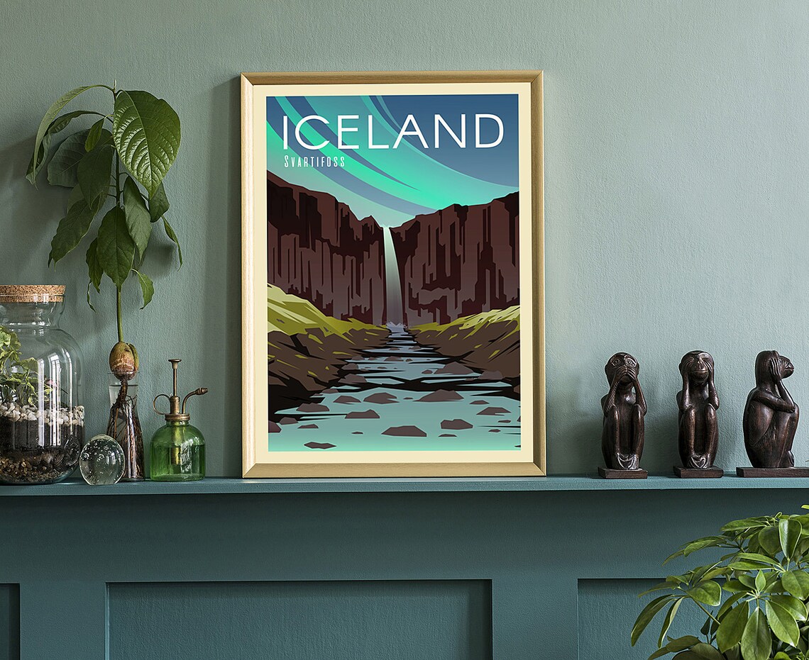 Iceland Svartifoss Black Waterfall Canyon Retro Style Travel Poster - Image 3