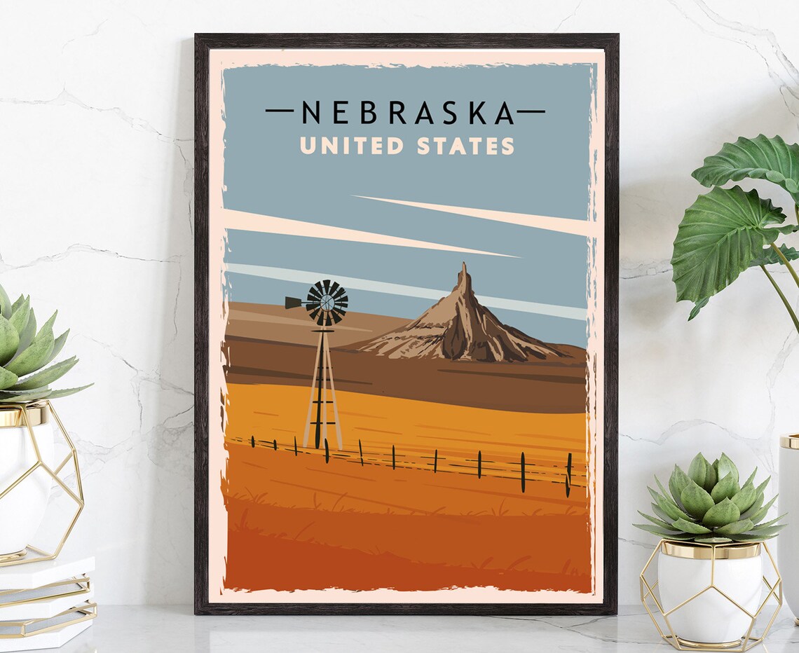 Nebraska Retro Prairie Windmill Rock Formation Vintage Travel Poster